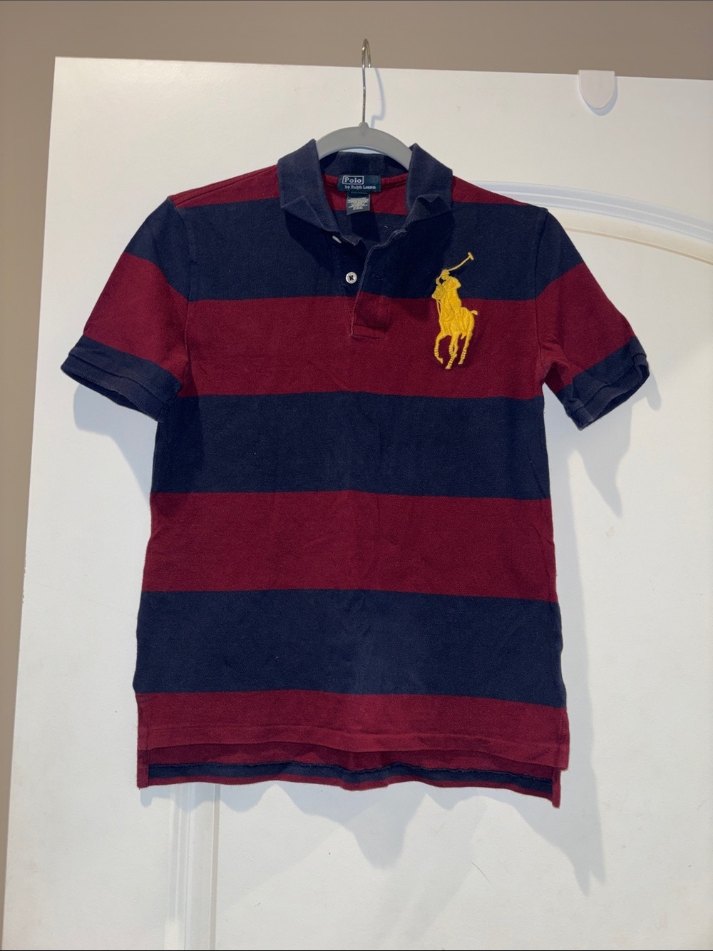 Polo by Ralph Lauren Navy & Burgundy Wide-Stripe Polo with Yellow Logo